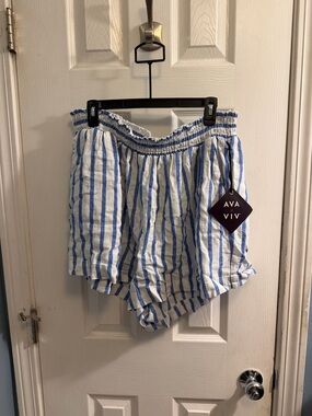 Ava & Viv White and Blue Striped High-Waist Smocked Shorts